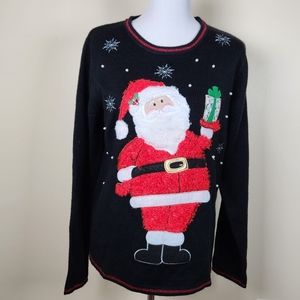 Ugly Christmas Sweater Womens L 12-14 Santa with Gift Pearls Sequins
